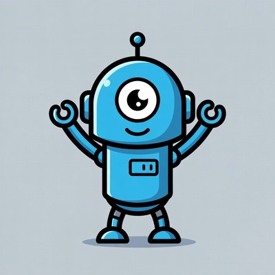 Cute blue robot with arms raised