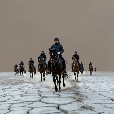 Group of men riding horses on salt flat