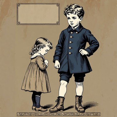 Boy and girl standing together vintage illustration