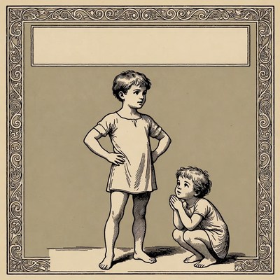 Two boys standing and kneeling illustration