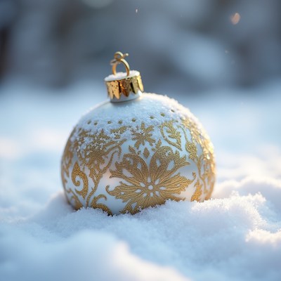 Gold Christmas ornament in snow