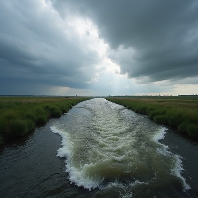 River flowing through tall grass under stormy sky