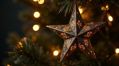 Golden Star Ornament on Christmas Tree