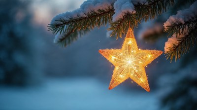 Glowing Golden Star on Snowy Pine Branch