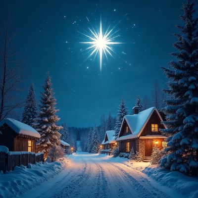 Snowy Village Under Starry Night Sky