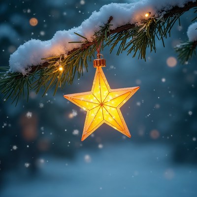 Snowy Christmas Tree with Golden Star Ornament