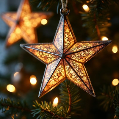 Glowing Star Ornament on Christmas Tree
