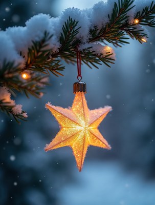 Snowy Christmas Star Ornament on Pine