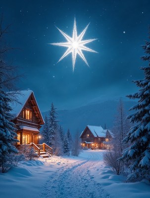 Snowy Cabins Under Starry Night Sky