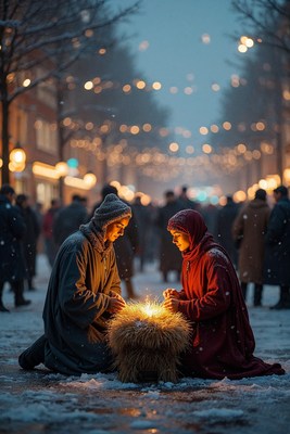 Couple kneeling by manger in snowy Christmas street