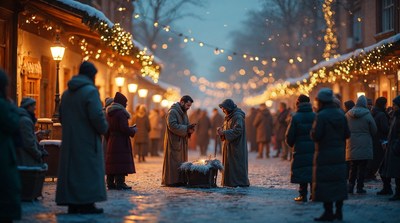 Nativity Scene in Snowy Christmas Market