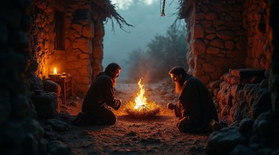 Two bearded men praying by campfire