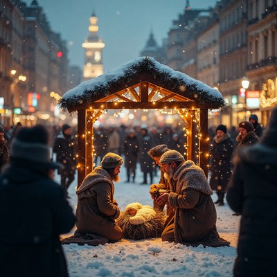 Nativity Scene in Snowy Christmas Street