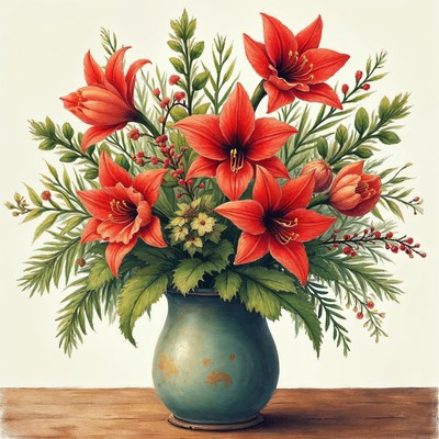 Red Amaryllis Bouquet in Green Vase