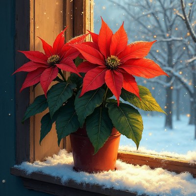 Poinsettia Plant on Snowy Windowsill