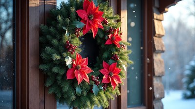 Christmas Wreath on Wooden Window