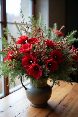 Red Dahlias in Gray Vase