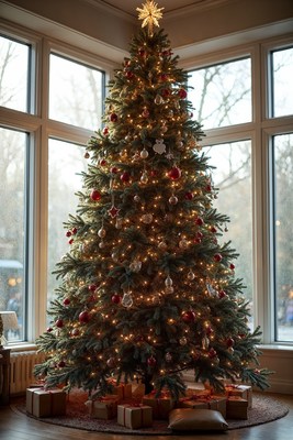 Lit Christmas Tree by Large Window