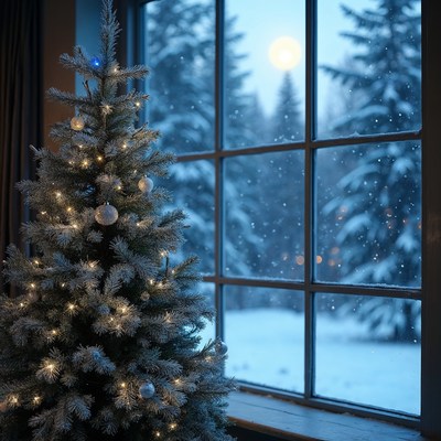 Lit Christmas Tree by Snowy Window