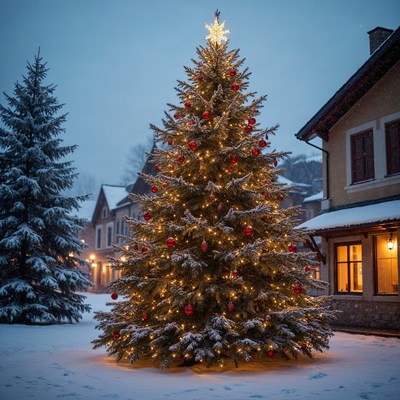 Lit Christmas Tree in Snowy Village