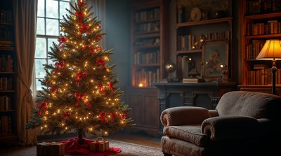 Lit Christmas Tree in Cozy Library