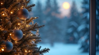 Christmas tree by snowy window