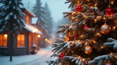 Snowy Christmas Tree with Cabin Background