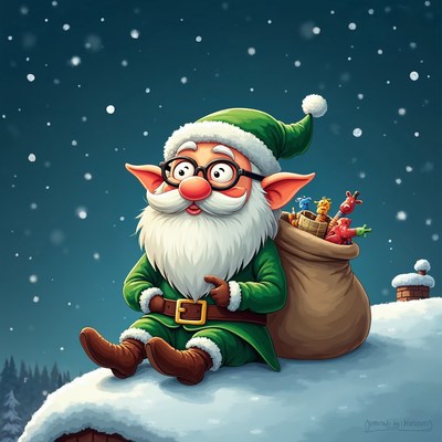Cartoon Elf Sitting on Snowy Rooftop