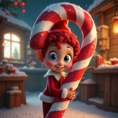 Cute elf girl holding giant candy cane