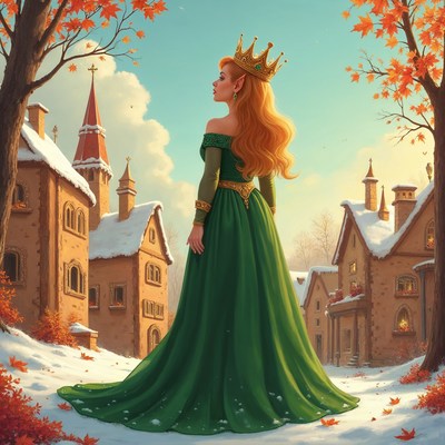 Elf Queen in Snowy Autumn Village