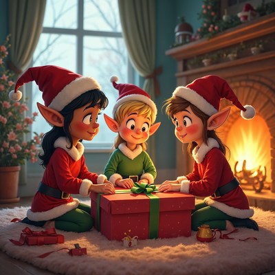 Three Elves Opening Christmas Gift
