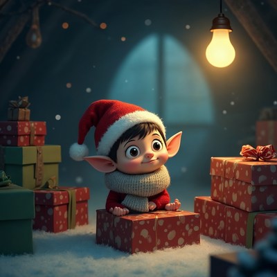 Cute elf sitting on Christmas presents