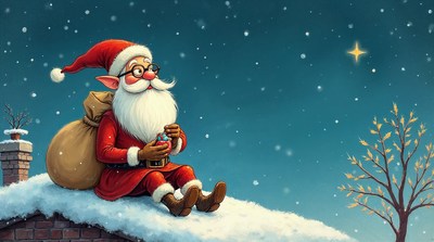 Santa Claus on snowy rooftop