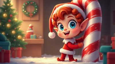 Cute Christmas elf holding candy cane