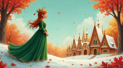 Redhead princess in green gown by snowy castle