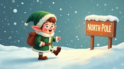Smiling Elf at North Pole Sign