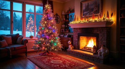 Cozy Christmas Living Room with Fireplace