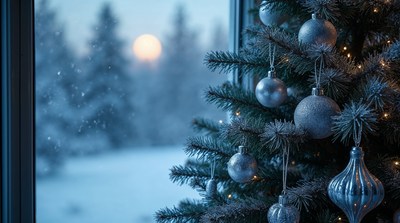 Silver Christmas tree by snowy window
