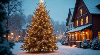 Lit Christmas Tree Snowy Village House