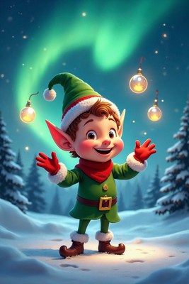 Cute Elf Holding Glowing Ornaments