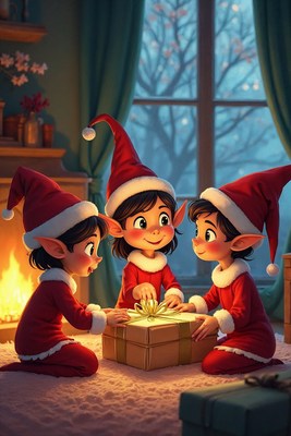 Three Elves Opening Christmas Gift