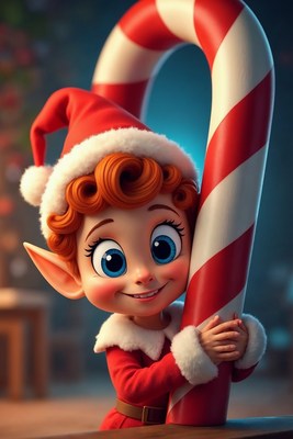 Cute elf girl hugging candy cane