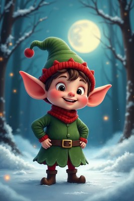 Cute Christmas Elf in Snowy Forest