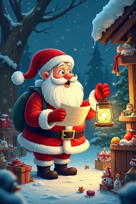 Santa reading letter in snowy woods