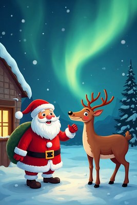 Santa Claus with reindeer under aurora
