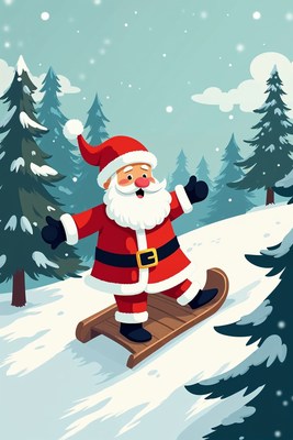 Santa Claus sledding in snowy forest