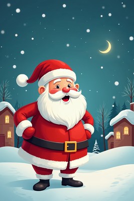 Cartoon Santa Claus in Snowy Village