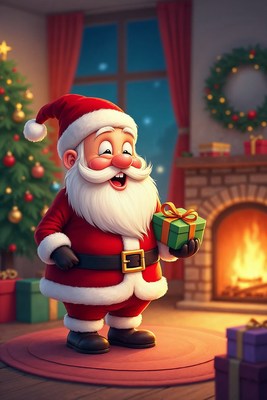 Cartoon Santa holding Christmas gift