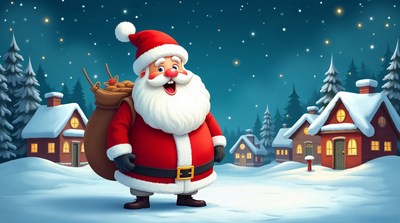 Cartoon Santa Claus with sack in snowy village