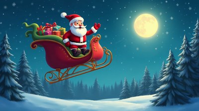 Santa Claus Flying Sleigh Over Snowy Forest